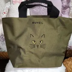 MUVEIL 猫の顔刺繍トートバッグ オリーブグリーン
