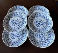 たち吉　青い萩の花柄 八角形皿 6枚セット