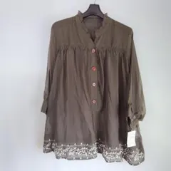 インド製　タグ付き・未使用　オリーブ色 ７分袖　ブラウス　シースルー　2L