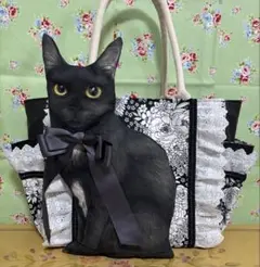 コヤンイサムチョン　黒猫ちゃん　縫い付け　サイドポケット付トートバッグ