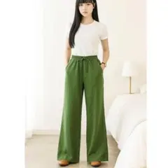 リネンワイドパンツ Lサイズ グリーン 綿麻 ゆったり 体型カバー