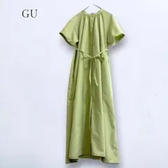 美品【ジーユー】ロングシャツワンピース 半袖 ウエストリボン M Aライン