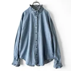 美品 KELEN フリルデザインデニムシャツ ゆったり ブルー