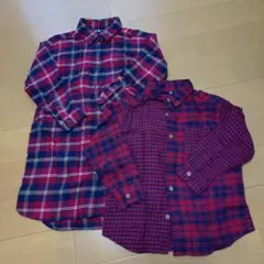 赤系チェック柄長袖シャツ2枚セット120cm110cm姉弟