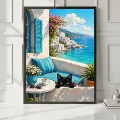 【黒猫のいる風景】　テラスのコーヒーとのぞく黒猫　おしゃれ　ポスターA4