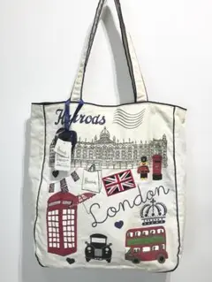 【未使用・タグ付】 Harrods ロンドン プリント 刺繍 トートバッグ