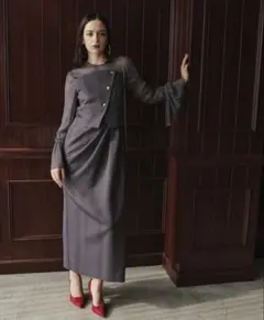 チュールフレアスリーブアシメドレープデザインワンピースドレス〔Callarus〕