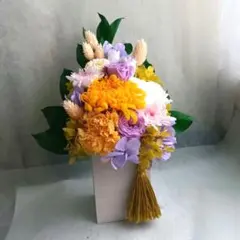 プリザーブドフラワー仏花 花器一体型 お供え　木製花器　No.14