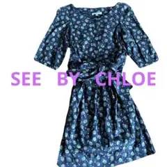 See By Chloe 可憐な小花柄ワンピース/ネイビー/半袖/リボンベルト