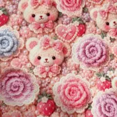 新柄yukie限定柄1㍍長立体毛糸編み視感ベアーとお花柄綿シーチングプリント生地