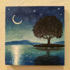 【原画：10×10cm】 湖面の月　オイルパステル画　キャンバス画