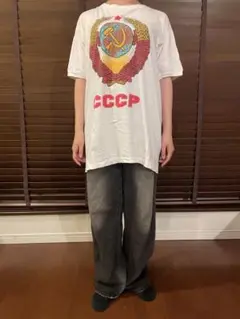 年代不明　ソ連　両面　染み込みプリント　古着　Tシャツ