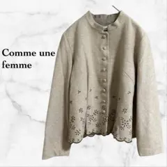 『コムアンファム』ノーカラー ジャケット ウール【F】ベージュ 花柄 日本製