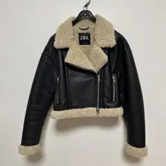 ZARA レザー ボアジャケット M 黒/ベージュ
