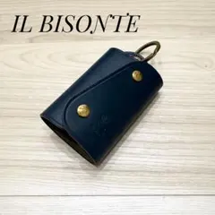 【良品】IL BISONTE レザーキーケース　キーリング付　ネイビー
