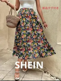 新品SHEIN 花柄ロングスカート レトロ 38 M 切り替え ギャザー フレア