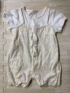 バースデイ　重ね着風　半袖　ロンパース　花柄　イエロー　黄色　70