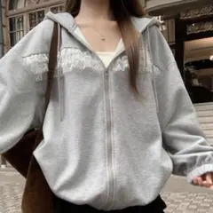 DAZY レース パッチワーク フード付き ジップアップ グレーパーカー