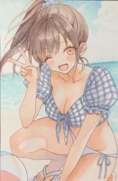 手描きイラスト　水着　女性　茶髪　ポニーテール　オリジナル　夏　海　原画