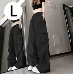 ブラック カーゴパンツ レディース Lサイズ ワイドパンツ ストリート 韓国