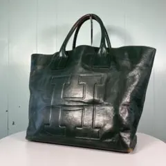 大容量【HIROFU】トートバッグ　ロゴ型押し　レザー　ダークグリーンのサムネイル