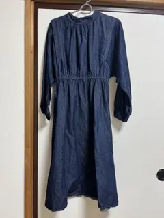 ダークブルー　デニム風　長袖ウエストゴムワンピース