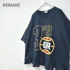 古着リメイク　ネイビー両面プリントTシャツ　裾ギャザーフリル　メロー