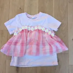 ピンクチェックフリルTシャツ 120