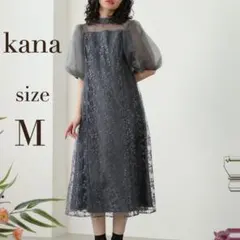 人気　カナ　シアー素材 ボリューム袖 刺繍レース ワンピース パーティー ドレス