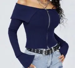 ネイビー ブルー ダブルジップ オフショルダー リブニット shein