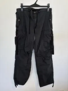 OLD UNIQLO Y2Kワイドカーゴパンツ黒 Dリング ストラップ テック系