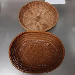 昭和　レトロ　木　円形　バスケット 編み込み　デザイン