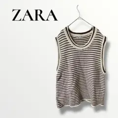 ZARA ザラ　ストライプ　タンクトップ　ニット　ボルドー　ストライプ　Lのサムネイル