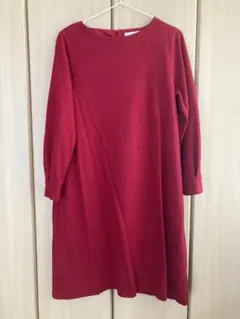 赤 長袖 カットソーワンピース バックボタン