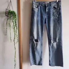 ZARA BASIC 38サイズ ライトブルー ダメージ加工 ストレートデニム
