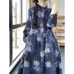 ネイビー 花柄 ロングワンピース 長袖　【専用】