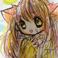 過去イラストに色など追加。手描きイラスト。ハガキサイズ。猫耳娘
