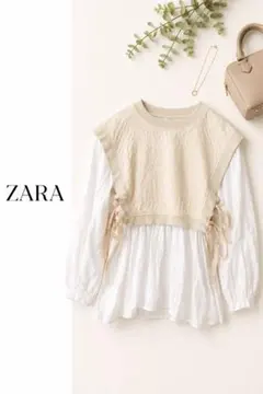ZARA ドッキングブラウス フリル ギャザー リボン 白 XS 春服　ザラ