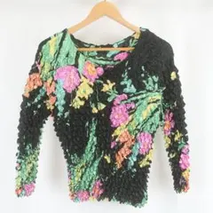 美品 フラワー 花柄 ストレッチ ポップコーン トップス カットソー ブラック