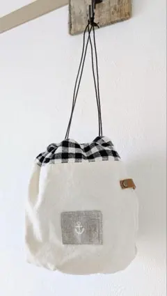 11号 帆布　オフホワイト　巾着　ポーチ　イカリ　チェック