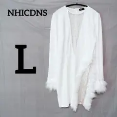 NHICDNS【L】ミニドレス ホワイト フェザー スパンコール シアー 長袖