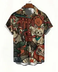 【新品】猫　だるま　和柄　般若　和風アロハシャツ　XL