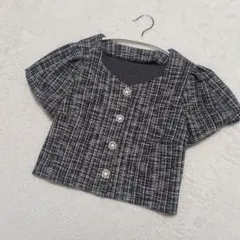 Kobe Lettuce ツイードビジューボタン 半袖 ショート丈 ラメ 黒白