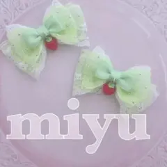 ヘアクリップ　ふんわりキラキラレース♡いちご　ミントグリーン　ロリィタ　推し活
