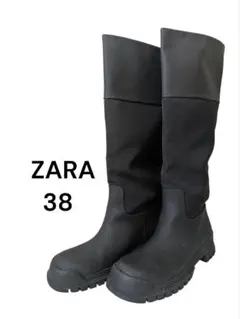ZARA ブラック ロングブーツ 24cm 切り替えし フラット 楽チン