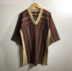 70〜80s vintage風 ストライプ ニットポンチョ Vネック レトロ配色