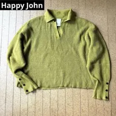 Happy Johnニット 襟付きセーター 黄緑 ミディアム丈 レディース