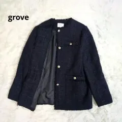 グローブ　ノーカラー　ツイード　ジャケット　金ボタン　洗える　ネイビー