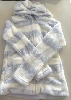 水色と白のストライプルームウェア　フード付き　M〜L