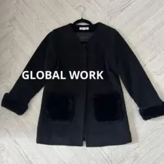 GLOBAL WORK ノーカラーコート ファー(取り外し可能)付き ブラック